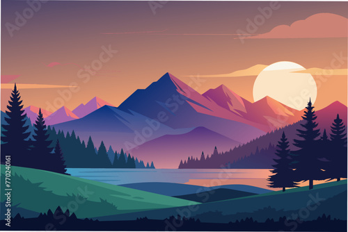 Illustration of mountain with sunset © CreativeDesigns