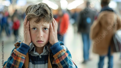 A young boy is shown feeling distressed as he covers his ears with his hands