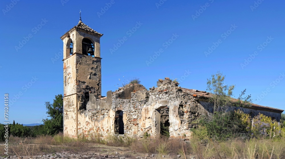 A ruined church its bell tower leaning to one side and its walls marred by deep cracks.