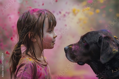 child with dog on traditional indian holi festival, happy celebration outdoor summer event lifestyle