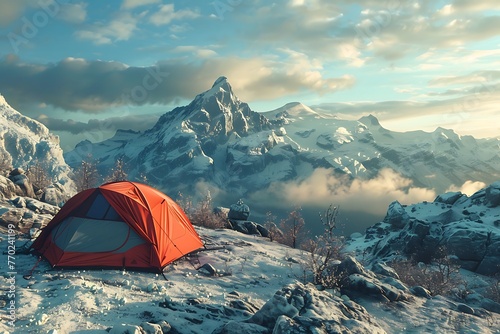 camping tent with beautiful scenery landscape in the background, healthy active summer outdoor lifestyle no people photo