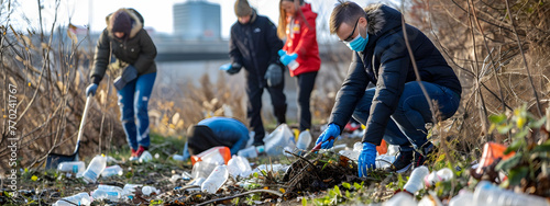 A volunteer group cleaning up litter in natural or urban environments