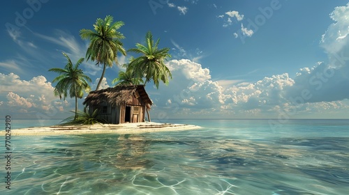 Solitude Serenity: Wooden Cottage on a Secluded Island with Palm Trees, Beneath a Blue Sky Adorned with Beautiful Clouds