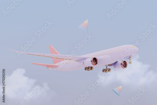 Fototapeta Naklejka Na Ścianę i Meble -  Pastel purple plane flying in the sky with clouds. Plane take off and pastel background. Airline concept travel plane passengers. Advertisement idea. 3D Creative composition.
