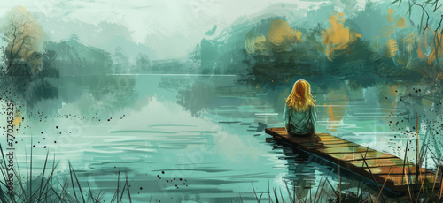 A woman sits on a water dock near a lake, depicted in a relatable personality style with teal and amber hues, zen Buddhism influence, and a cold and detached atmosphere.