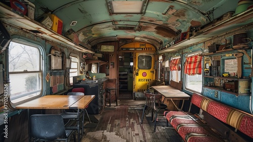 Vintage Classroom: Old Train Car Converted into Classroom with Vintage Decor, Window Glass, Chairs, Tables, and Rustic Interior   © muhriZ