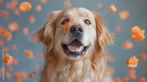 Cute golden retriever smiling happily Steak in mouth And there were pieces of steak and salmon floating in the air around him. On a clean, light colored background.