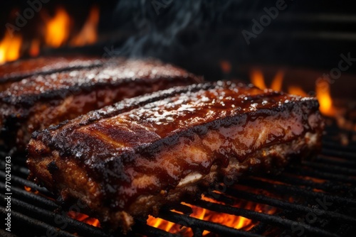 Juicy smoked bbq ribs on fire grill, delicious restaurant food menu
