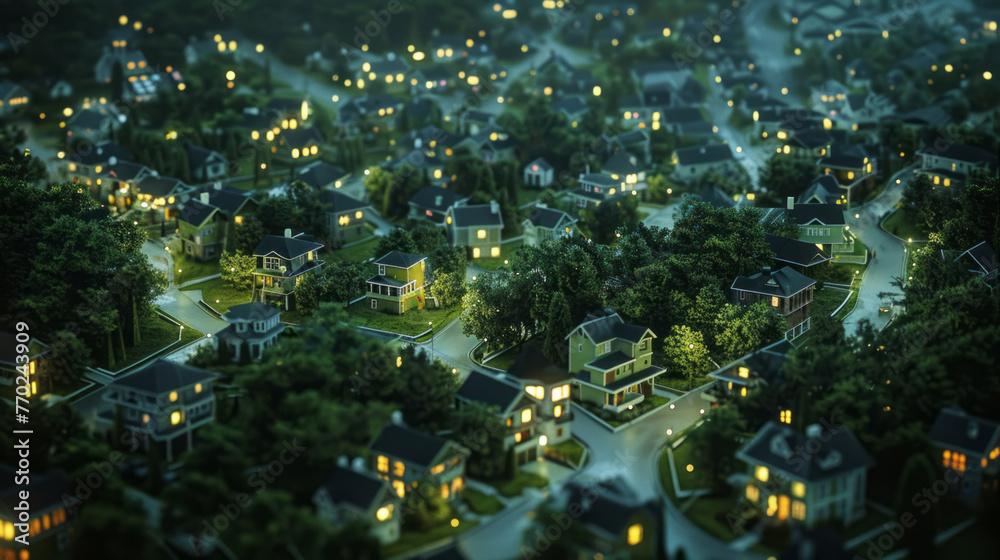 Interconnected Building Highlight Rural A city as a grid with interconnected houses, lit naturally and ...
