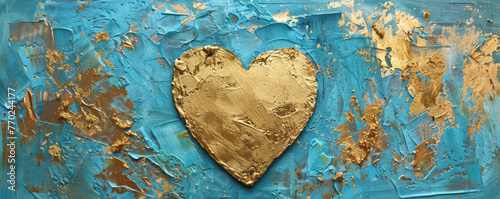 A gold heart is painted on a blue backdrop, expressed with textured quality, torn and distressed edges, and a shiny finish. photo