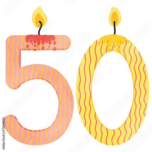 50th Birthday candles number for decoration, age, anniversary, celebration, burning candles 