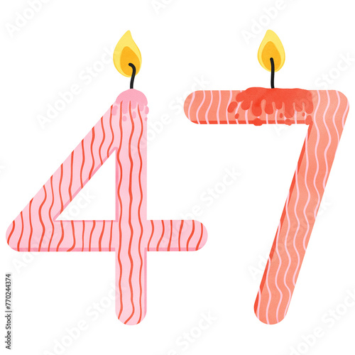 47th Birthday candles number for decoration, age, anniversary, celebration, burning candles 