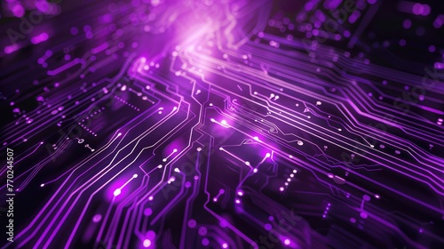 Purple Light Futuristic Circuit Digital Technology Background,Background of an electrical circuit in the far future, in a two-dimensional picture,CPU With Fast Speed Glowing Circuit Network. photo