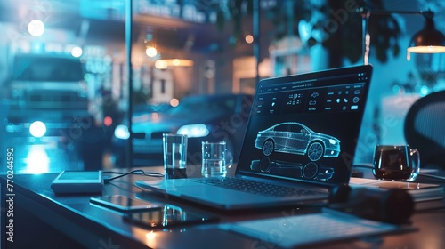 Side view of modern workplace with car network on laptop computer screen and clock. App concept,Automobile theme drawing with businessman working on computer on background. Autopilot taxi concept.  photo