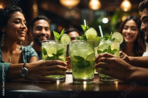 young people and friends toasting drinks at restaurant bar