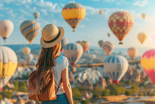 young woman traveler on air balloons festival in the background, summer active lifestyle and travel destination