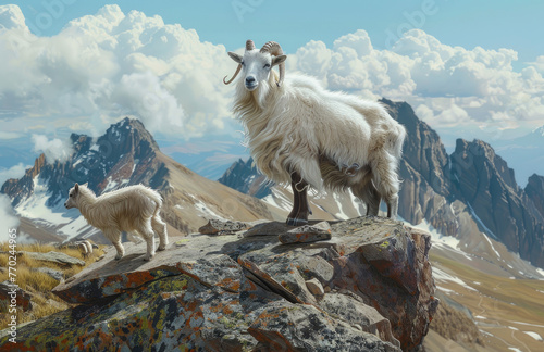 a mountain goat with two young baby goats at the top of a peak at Mountiking in Colorado, USA