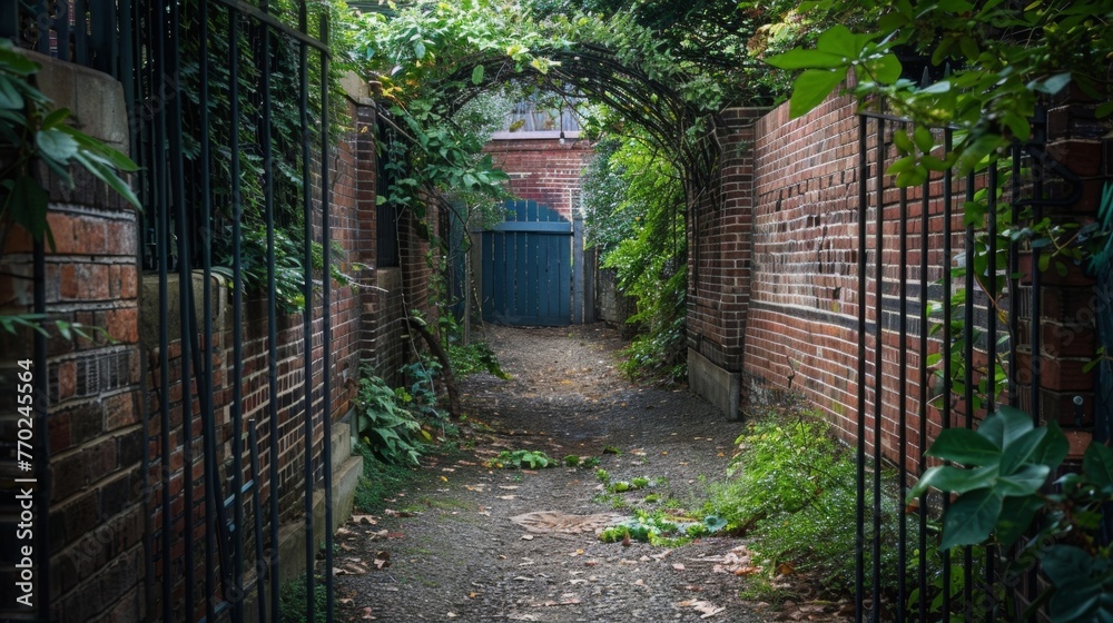 A narrow path leads through a hidden pocket park surrounded by brick walls and steel fences creating a tranquil oasis in the midst of urban chaos.