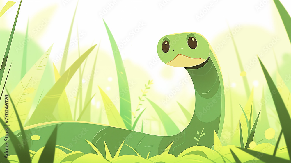 Fototapeta premium Hand drawn cartoon illustration of cute green zodiac snake in the grass 