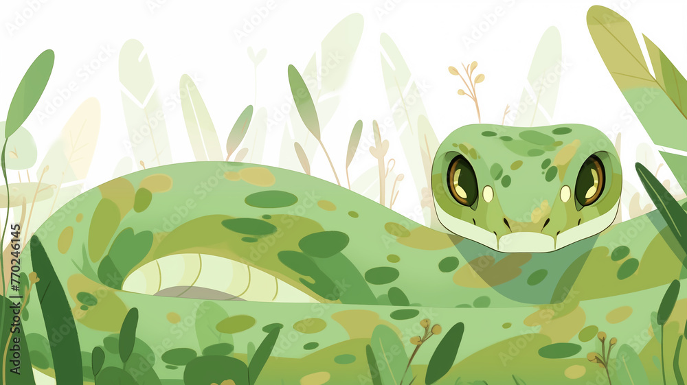 Fototapeta premium Hand drawn cartoon illustration of cute green zodiac snake in the grass 
