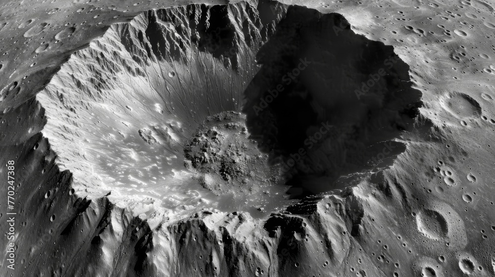 Harsh angular edges jut out from the rim of an impact crater a stark reminder of the explosive origins that carved it into existence. - obrazy, fototapety, plakaty 