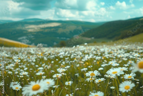 Beautiful daisy field in a lush green mountain landscape. with soft blur and light. Generative AI