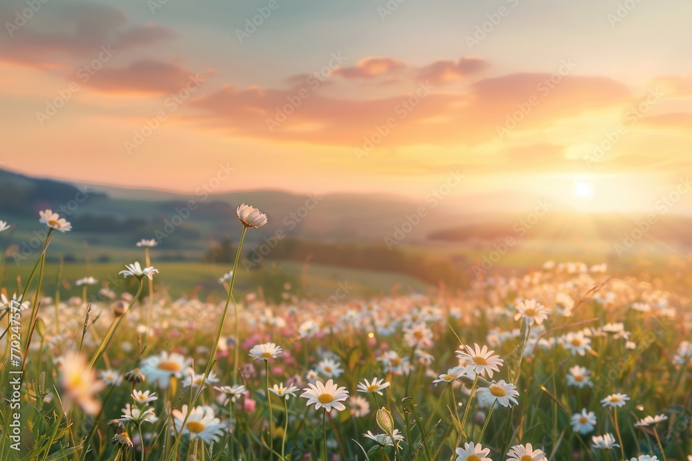 Beautiful daisy field in a lush green mountain landscape. with soft blur and light. Generative AI