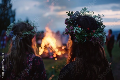 Midsummer night celebration. Summer solstice holiday ritual. Girls and women dressed in dresses and flower crowns looking at midsummer bonfire in lush green rural landscape. Generative AI photo