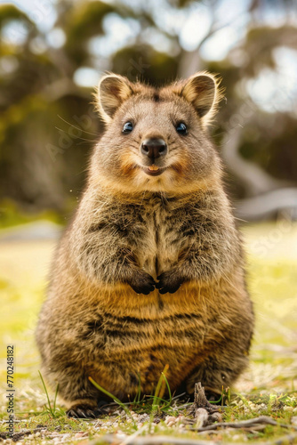 A delightful close-up of a smiling quokka with a friendly expression