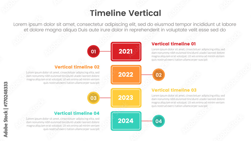 vertical timeline milestone infographic template banner with round rectangle box and circle line connection with 4 point list information for slide presentation
