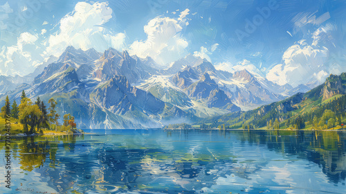 Beautiful landscape of lake with mountain at back. Created with Ai