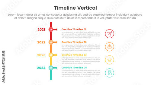 vertical timeline milestone infographic template banner with small circle line connection and arrow with 4 point list information for slide presentation photo