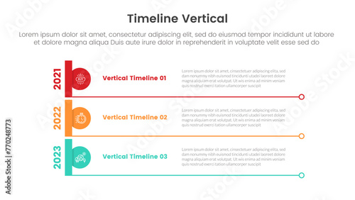 vertical timeline milestone infographic template banner with creative circle and long small line bottom with 3 point list information for slide presentation