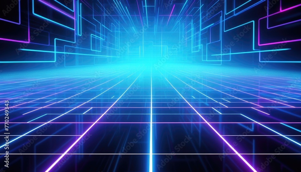 Cyan blue and purple grids neon glow light lines design on perspective floor Cyan blue and purple grids neon glow light lines design on perspective floor