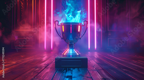 A trophy with three neon lights in front of a wood, The sports winner trophy standing on the stage in the middle of the arena, Generative AI 