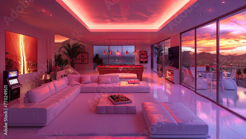 futuristic living room in the snow  white and pink colors  neon lights  curved walls  futuristic furniture with red details. Created with Ai