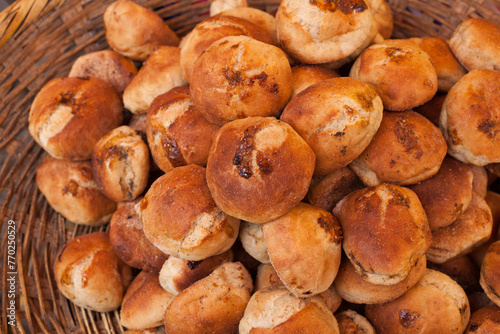 Photograph of artisan bread at a local fair in Peru. Concept of food and culture. photo