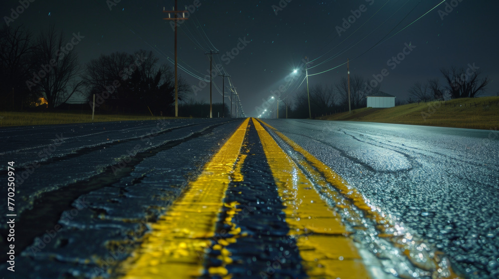 On an empty stretch of highway the lunar glow illuminates the faded yellow lines on the asphalt as it stretches on into the quiet . . - obrazy, fototapety, plakaty 