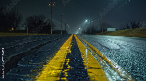 On an empty stretch of highway the lunar glow illuminates the faded yellow lines on the asphalt as it stretches on into the quiet . .