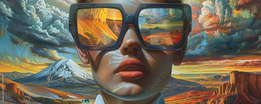 Capture the essence of artistic vision! Craft an image illustrating the unique perspective seen through glasses that alter the world into different artistic styles from abstract to realism 