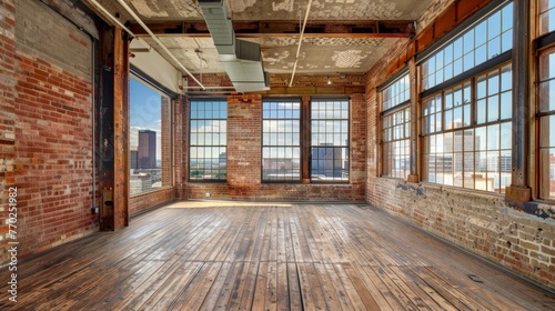 A dilapidated warehouse now repurposed into trendy loft apartments serves as a stark contrast to the sleek highrises dotting the cityscape. The preserved brick walls and rusted photo
