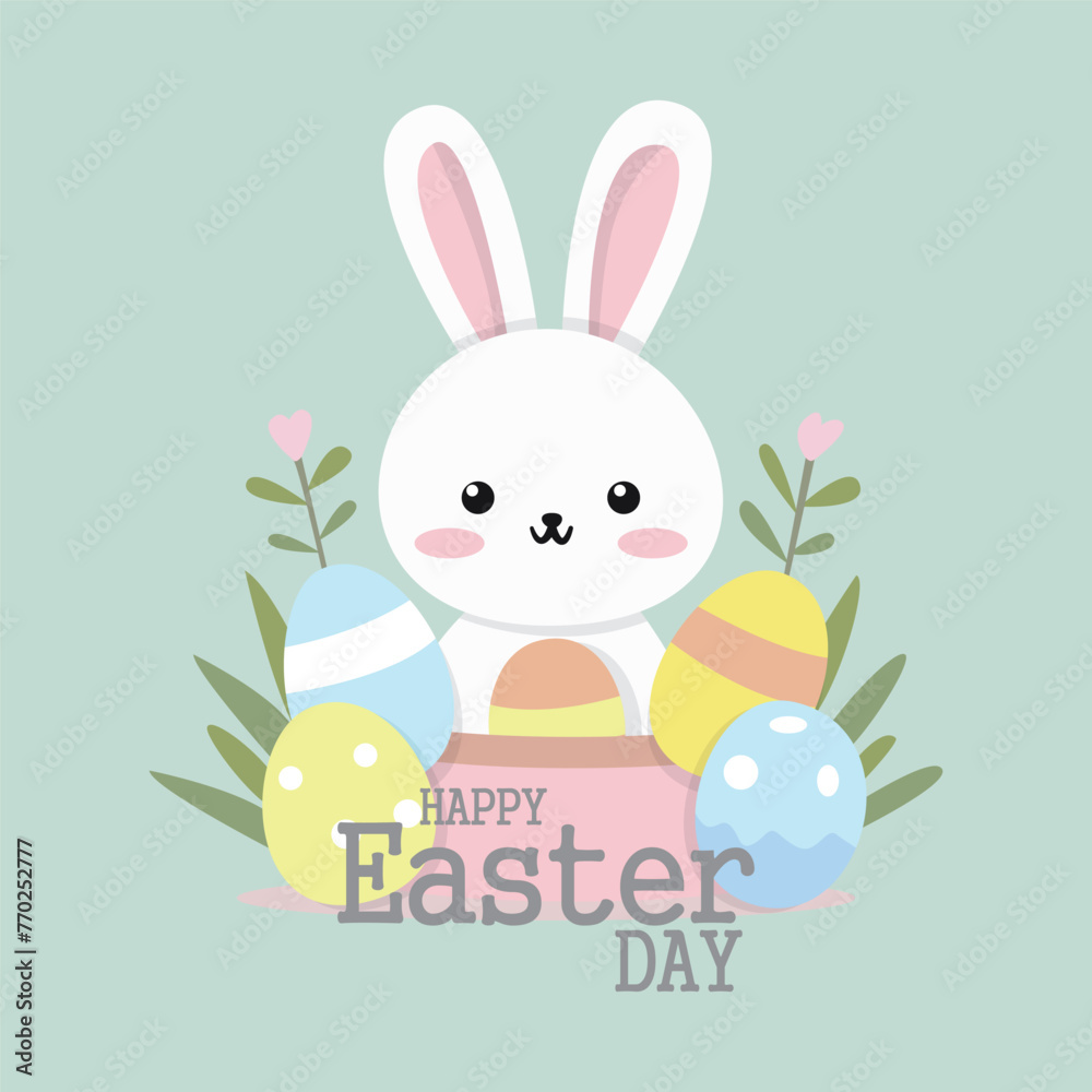 Cute Easter Bunny With Colorful Eggs and Flowers Cute Easter Bunny With Colorful Eggs and Flowers