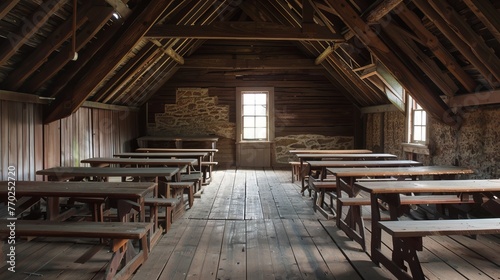 Rustic Classroom in Old Barn with Wooden Benches and Windows