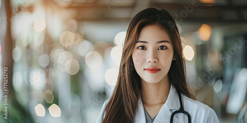 a beautiful Asian female doctor with long hair wearing white medical and a stethoscope is posing in a hospital, generative AI © VALUEINVESTOR