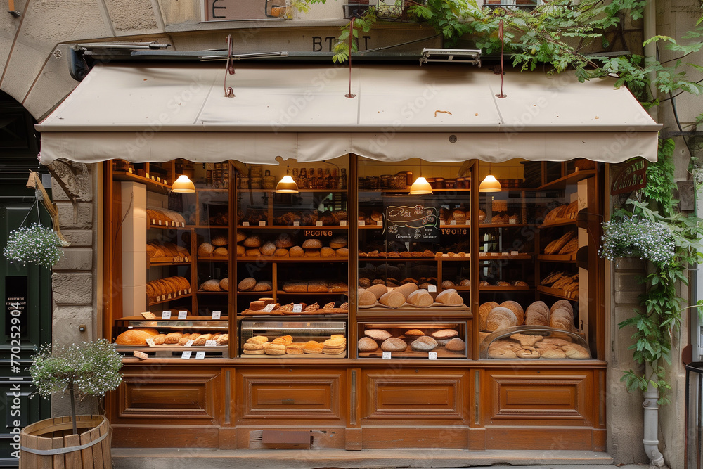 Charming Bakery Shopfront, Traditional Bread Display, Artisanal Bakery in the City, Welcoming wooden bakery exterior with bread display, a variety of freshly baked breads in a traditional shopfront
