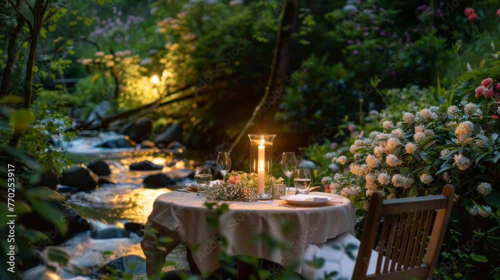 A candlelit dinner table set for two nestled in a secluded garden with blooming flowers and a gentle stream trickling by. . .