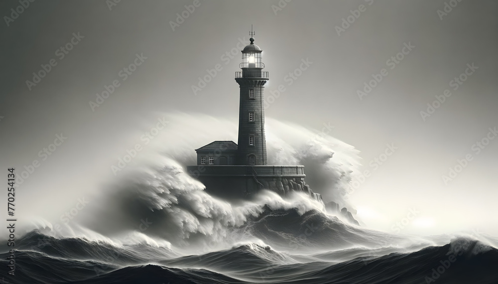 Lighthouse stands firm on a cliff amidst powerful waves crashing around during a storm.