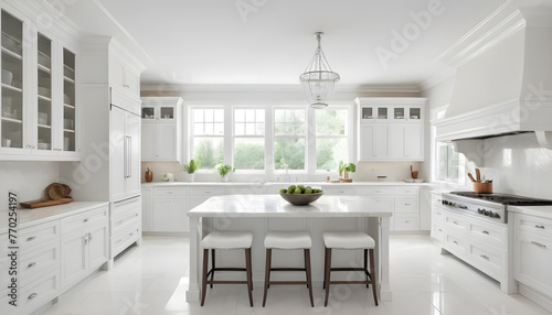 beautiful modern light and bright white kitchen with center island and white cabinetry photo