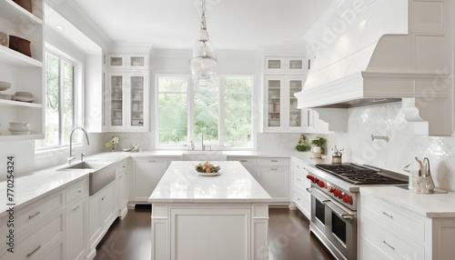 beautiful modern light and bright white kitchen with center island and white cabinetry photo