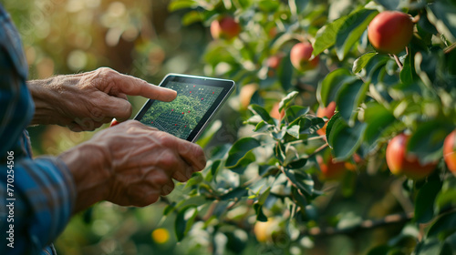 An elderly farmer uses tablet technology to check the temperature of his farm. Ai generative.